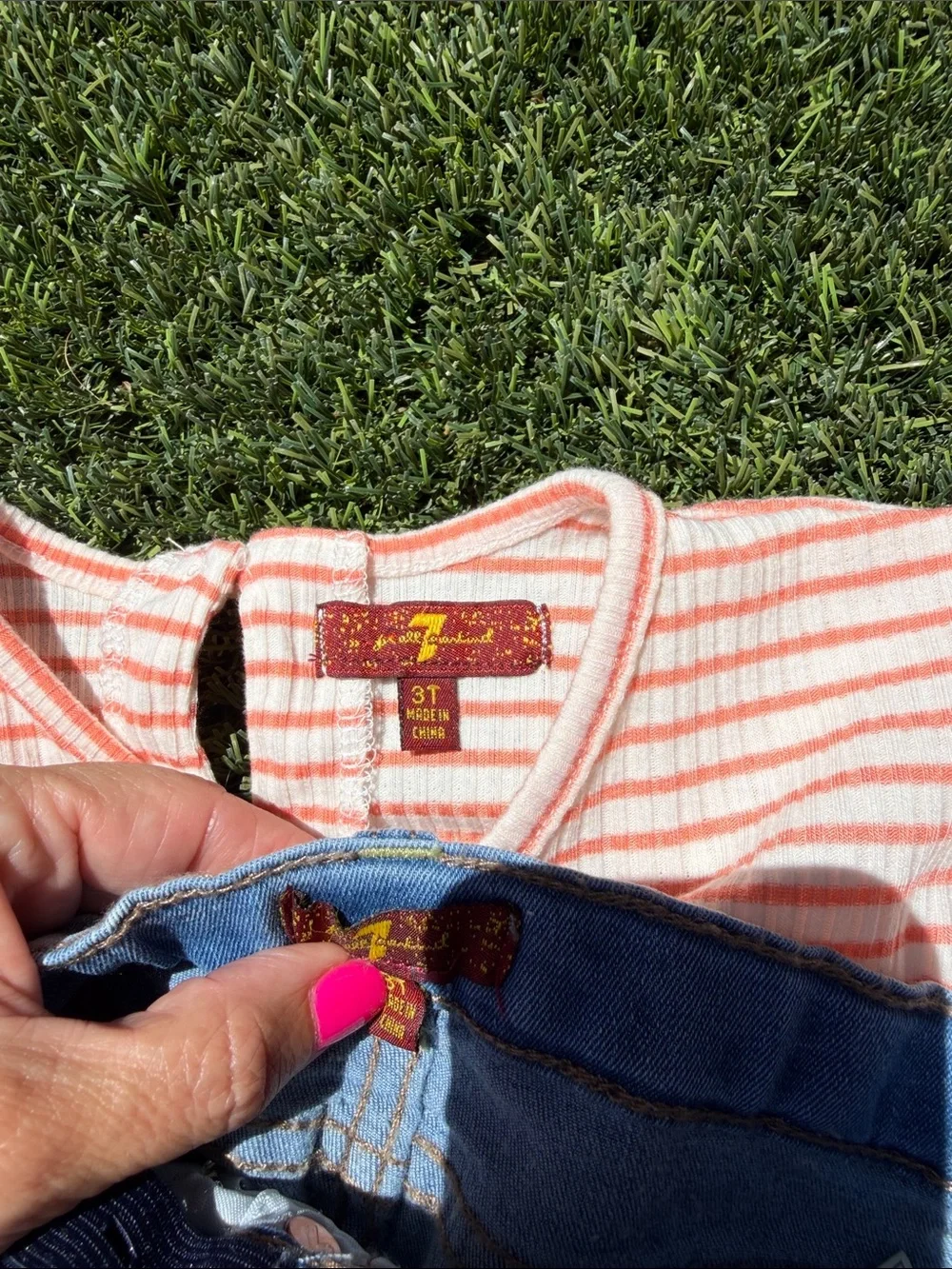 7 For All Mankind Coral and White Striped Crop Top with Faded Blue Jean Short